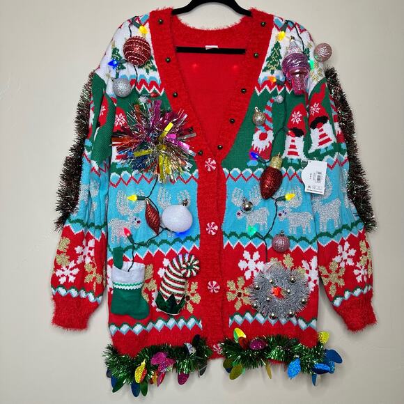 Ugly Christmas Sweater Cardigan LIGHTS UP Tacky Tinsel Xmas Party Winner Medium - Picture 1 of 5